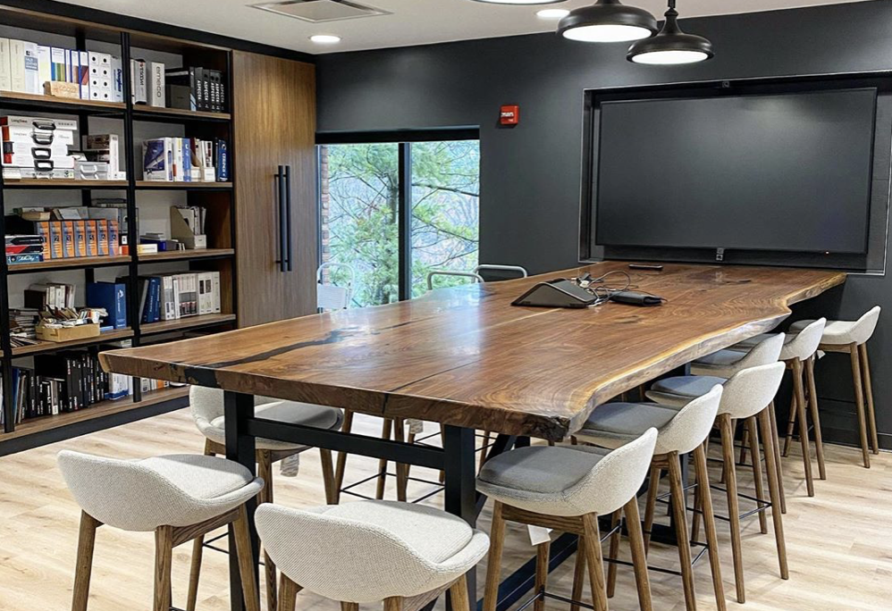 Live Edge Walnut Conference Table with Steel Legs and Resin Accents