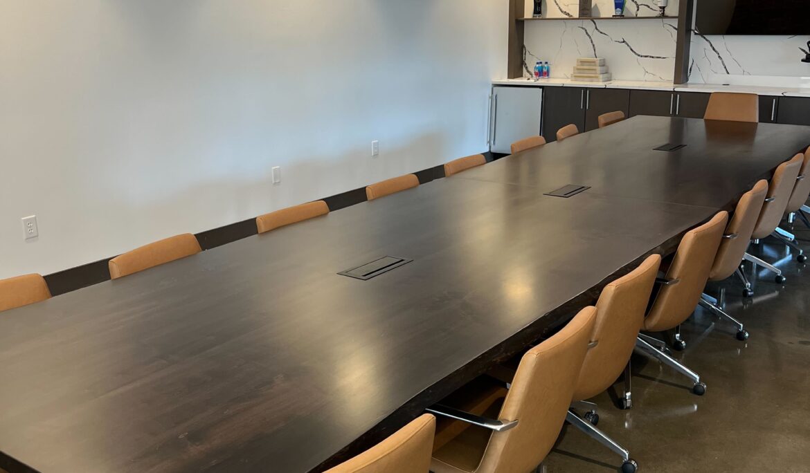 Live Edge Wormy Maple Conference Table with Steel Trapezoid Legs and Integrated Power