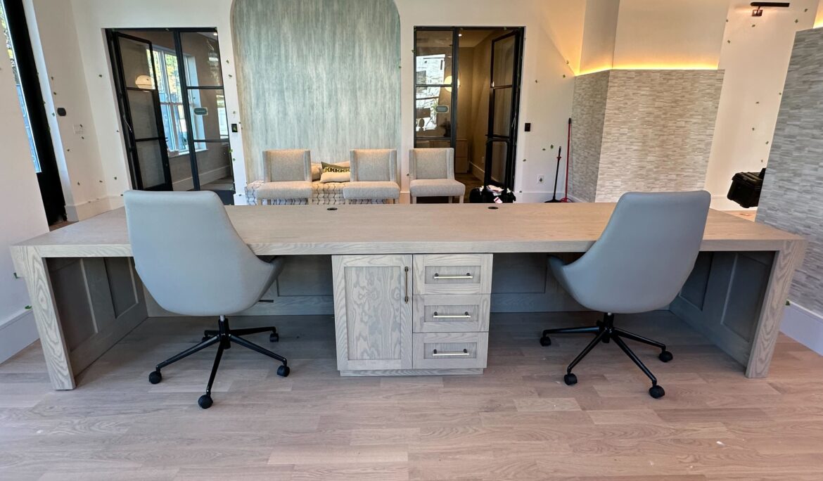 Ash Reception Desk with Center Column Storage and Drawers
