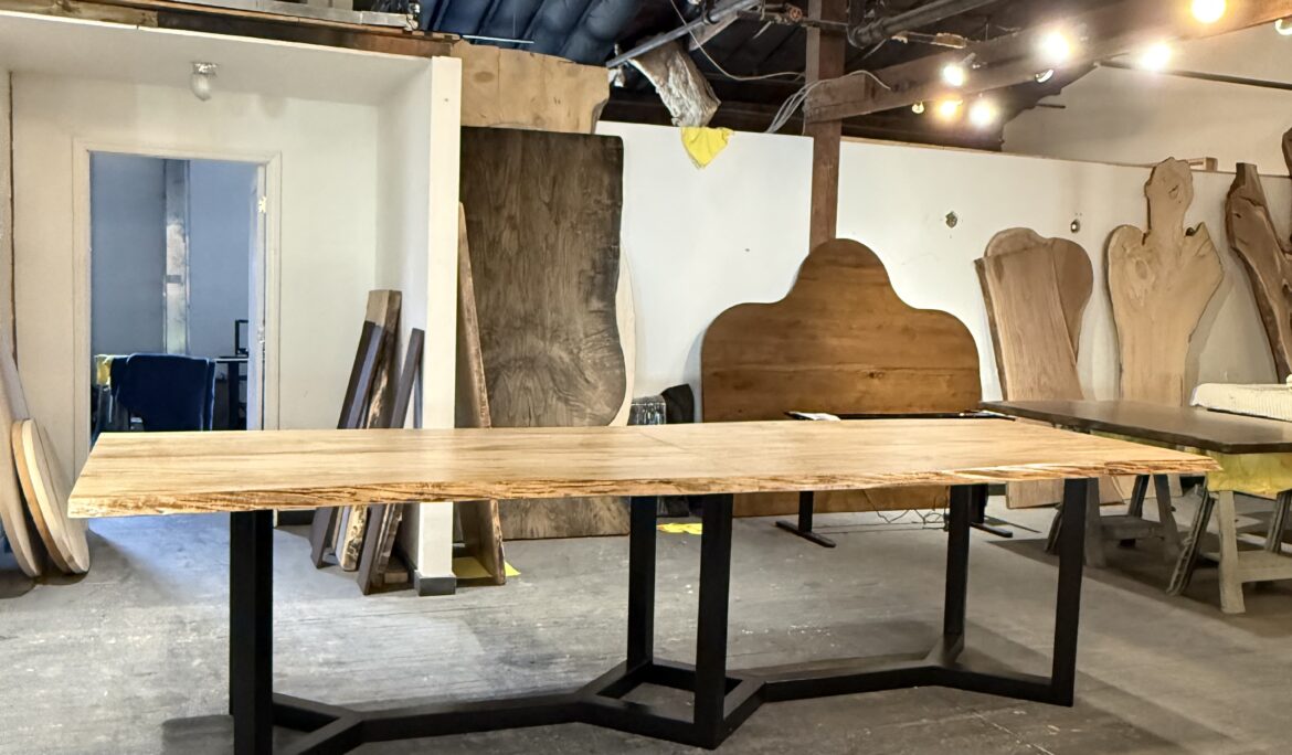 Womry Maple Live Edge Community Table with Decorative Steel Base