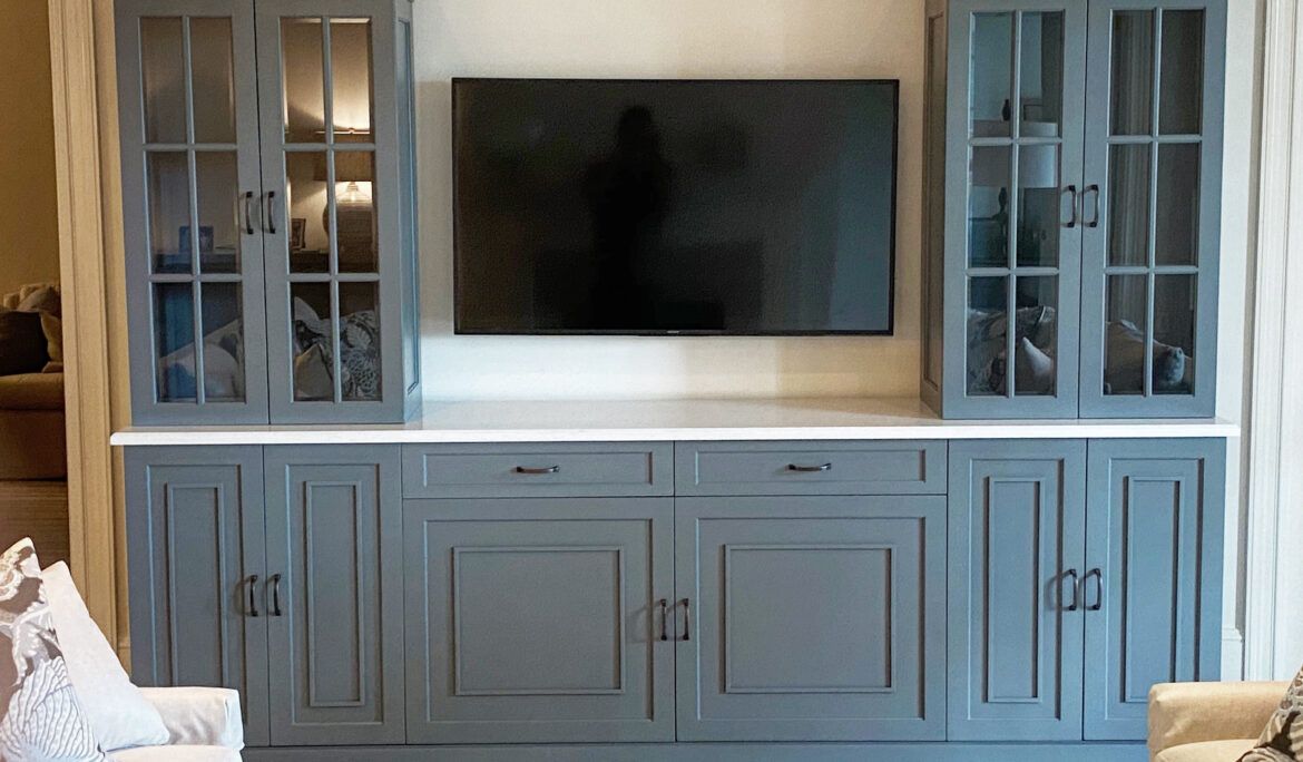 Painted Maple Built-In Desk with Spalted Maple Shelving and Top and Integrated Lighting