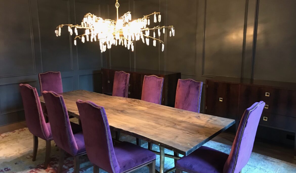 Live edge wormy maple dining table with custom metal base